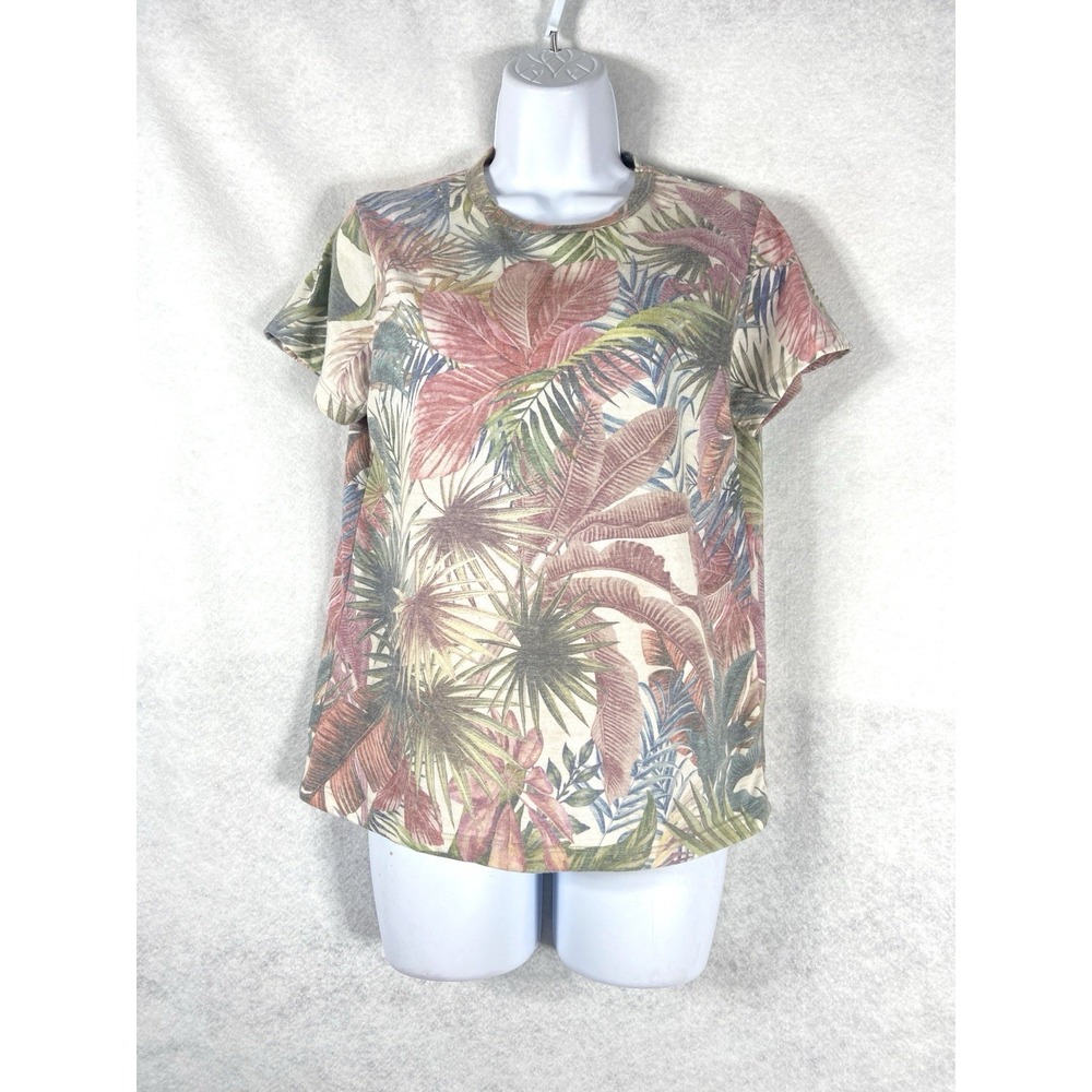 Marine Layer Top Women's Small Beige Pink Short Sleeve Palm Leaves Prints